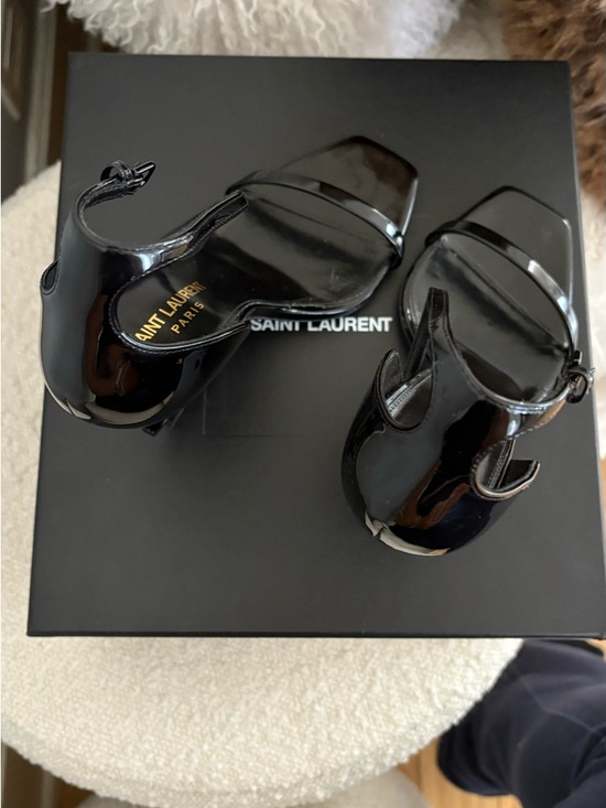 Saint Laurent Black Patent Leather Strappy Sandals with Logo Heel